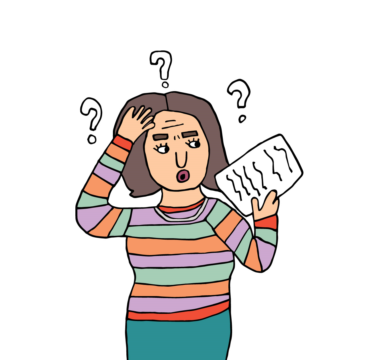 Tegnet kvinne forstår ikke det hun leser