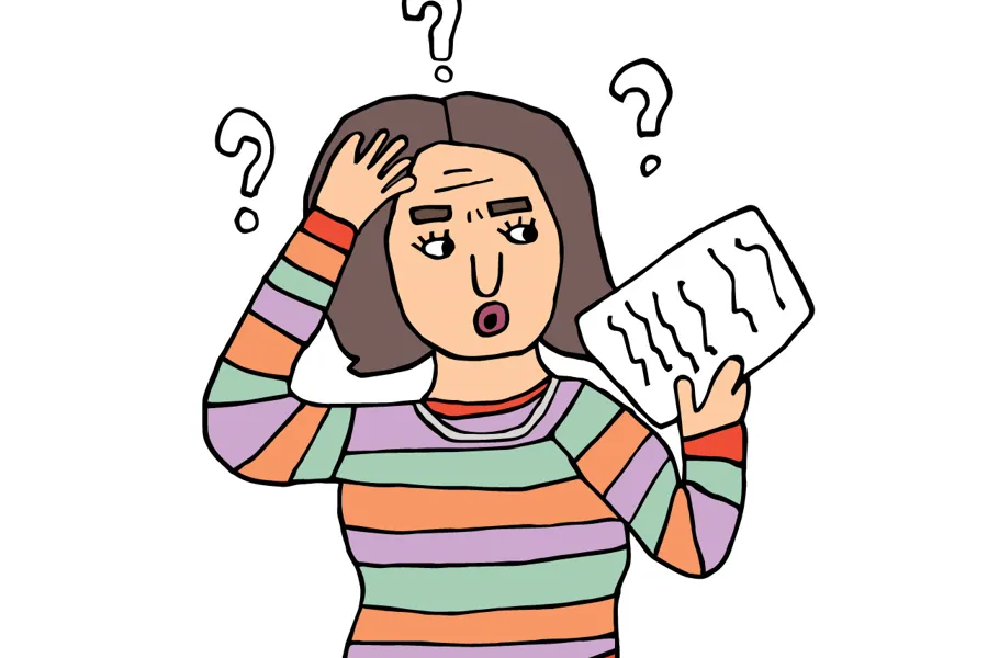 Tegnet kvinne forstår ikke det hun leser