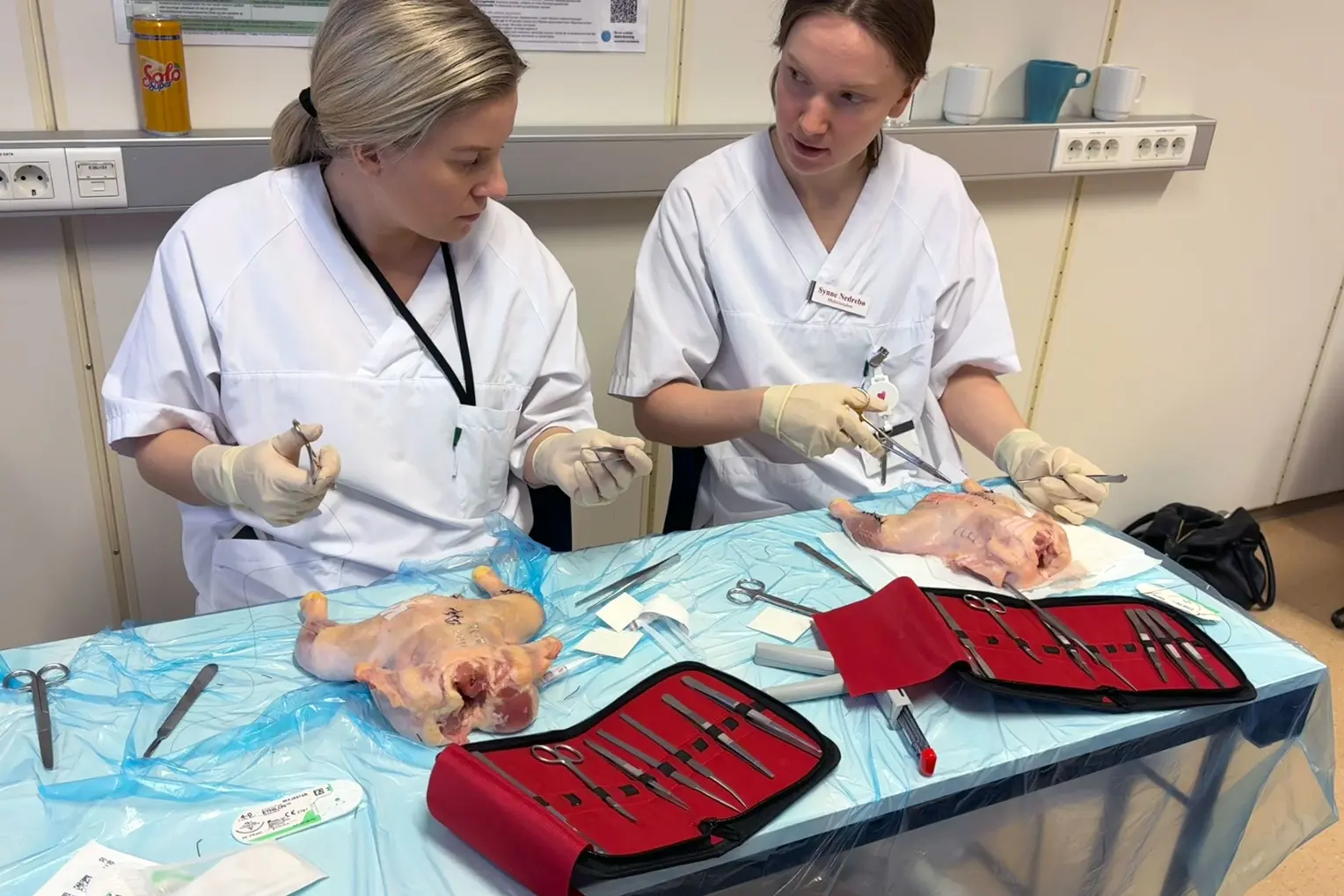 Kvinner i hvite frakker som jobber med en modell av en menneskekropp