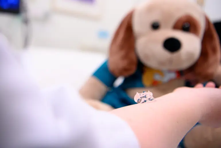 En hund som ligger på en seng