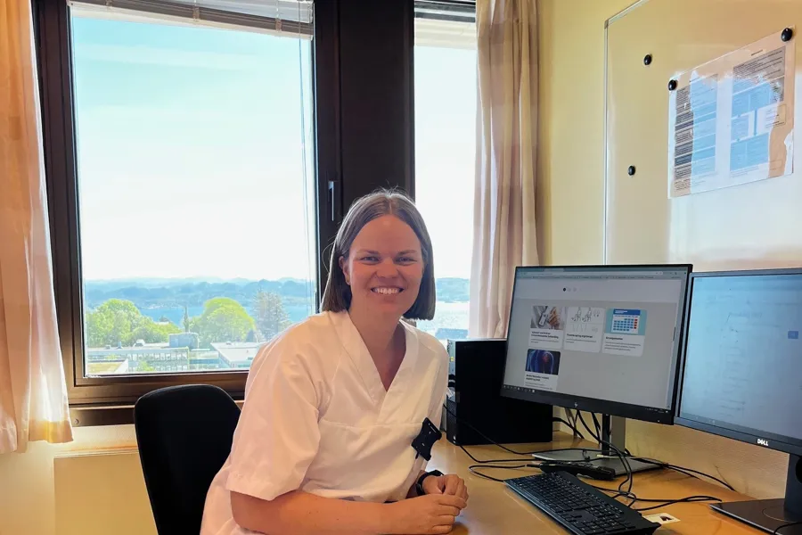 En person som sitter ved et skrivebord med en datamaskin og et vindu