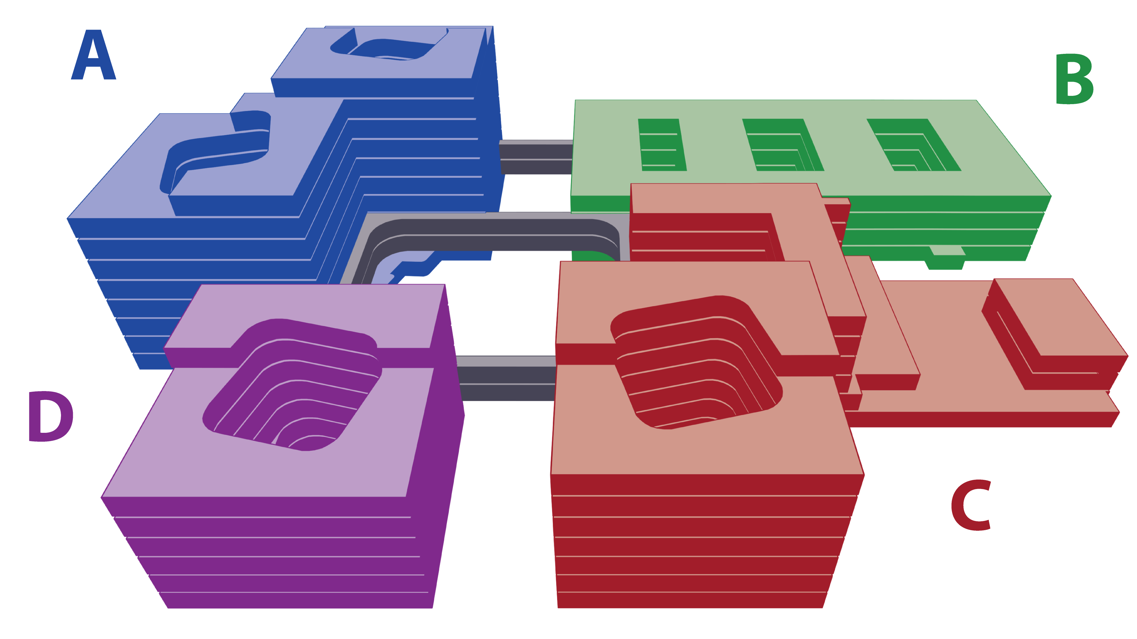 Illustrasjon over fire sykehusbygg