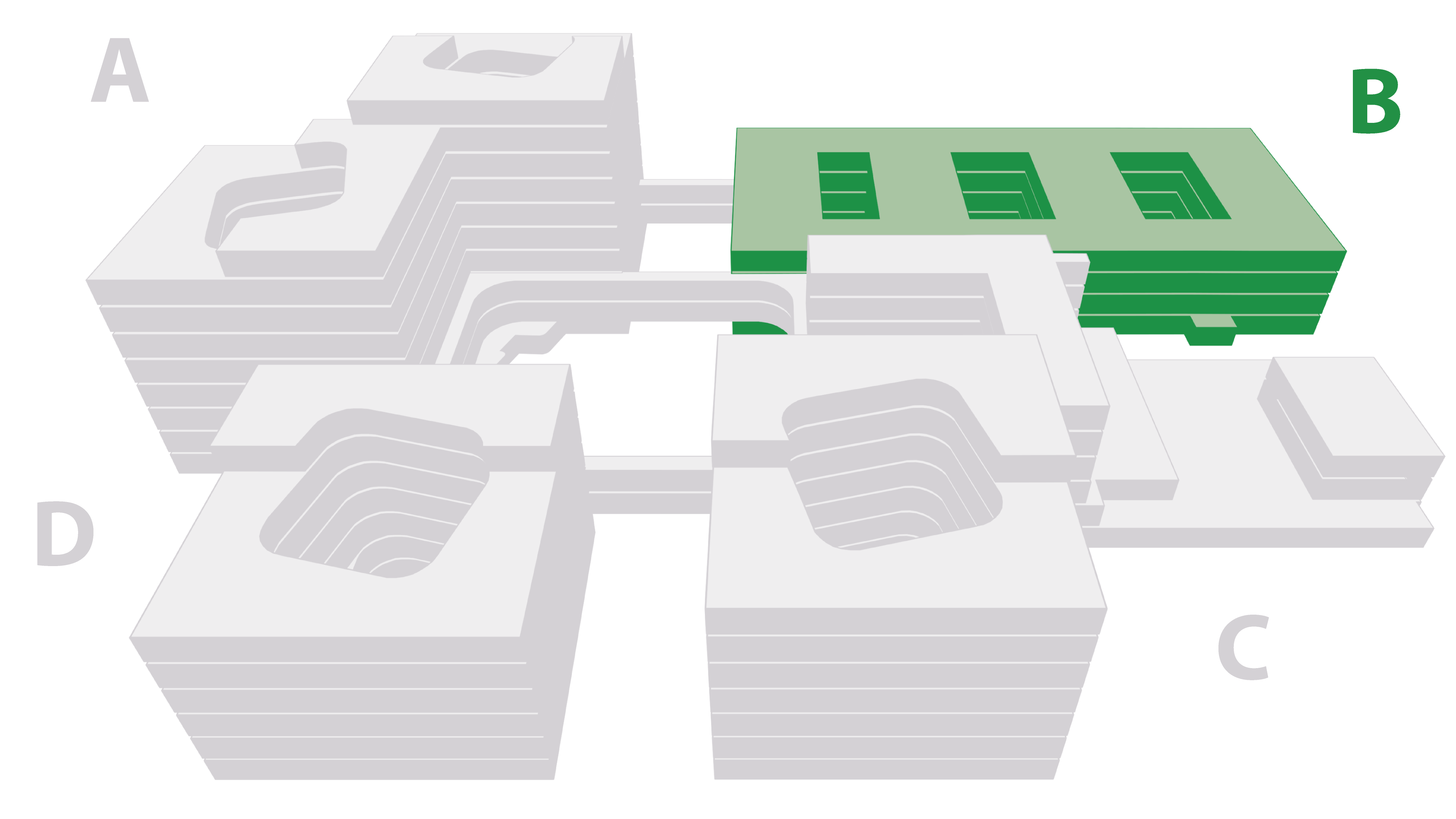 Illustrasjon over fire sykehusbygg