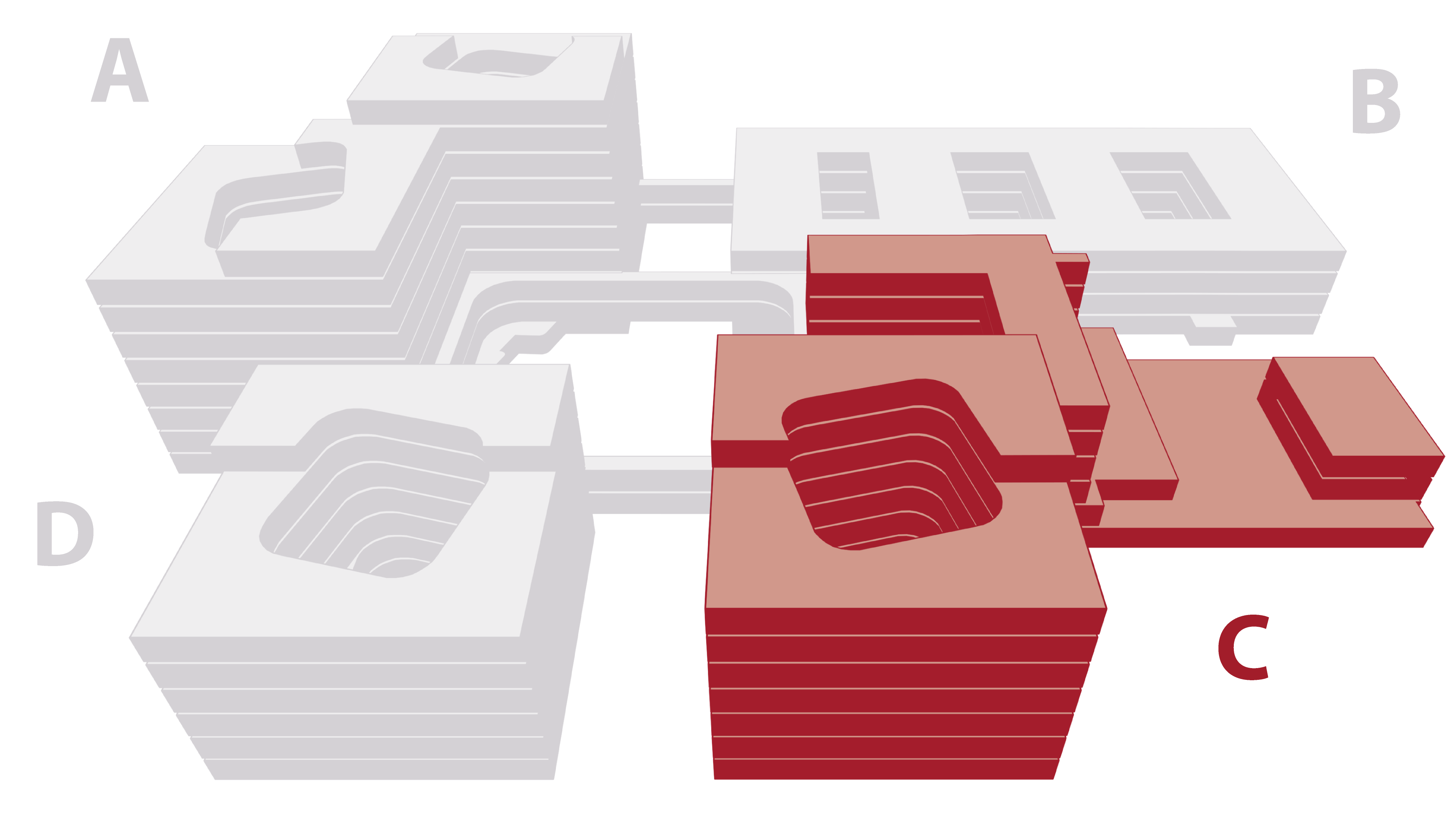 Illustrasjon over fire sykehusbygg