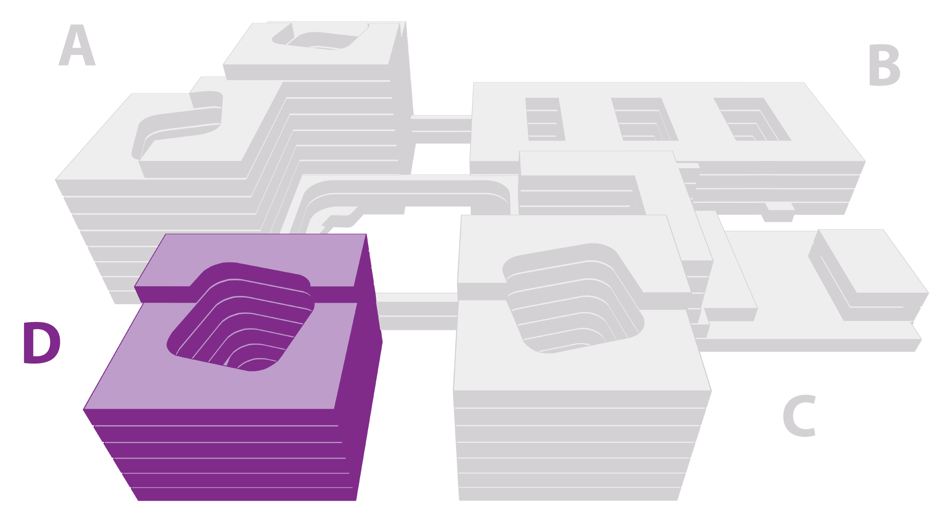 Illustrasjon over fire sykehusbygg