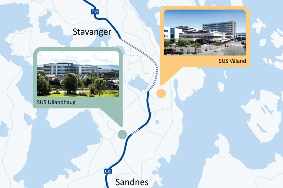 Kart som viser lokasjonene Ullandhaug og Våland
