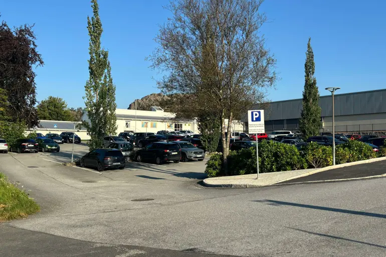 En parkeringsplass med biler og trær