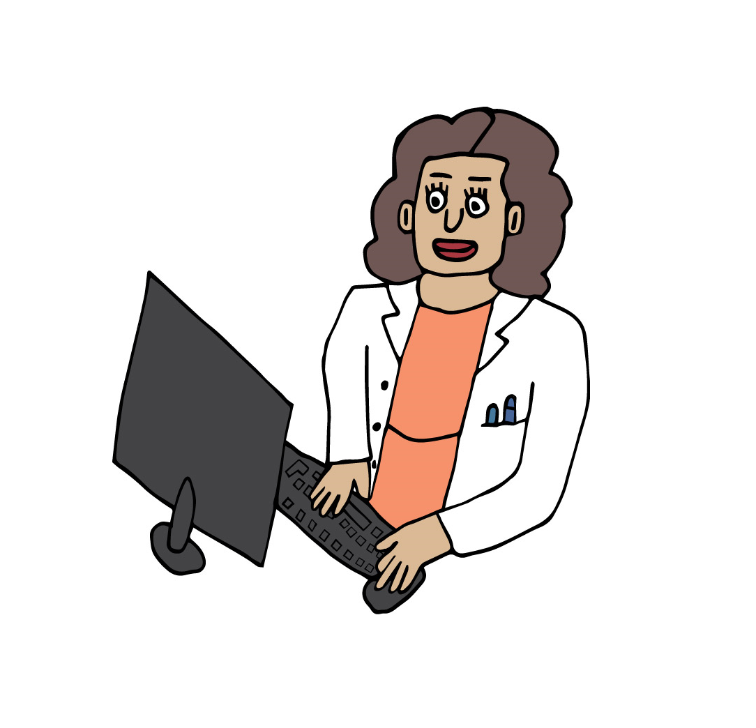 Tegning av en kvinne foran PC