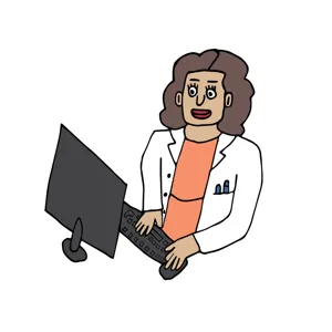 Tegning av en kvinne foran PC