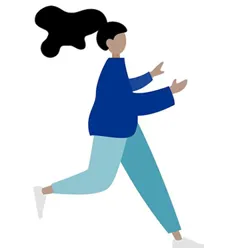 Tegning av dame med langt mørkt hår som springer. Tegning.