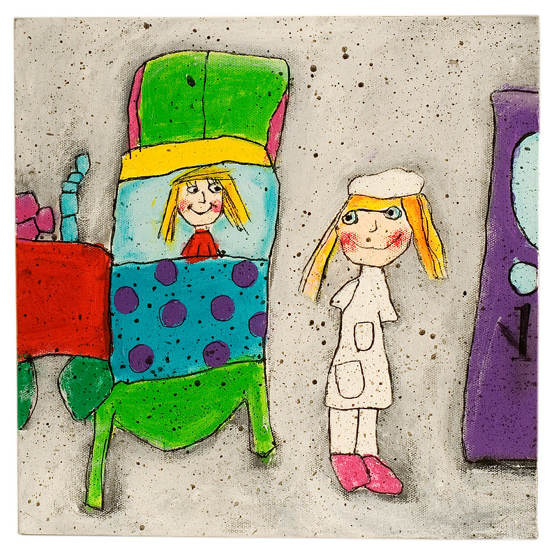 Tegning fra et sykehusrom. Bilde.