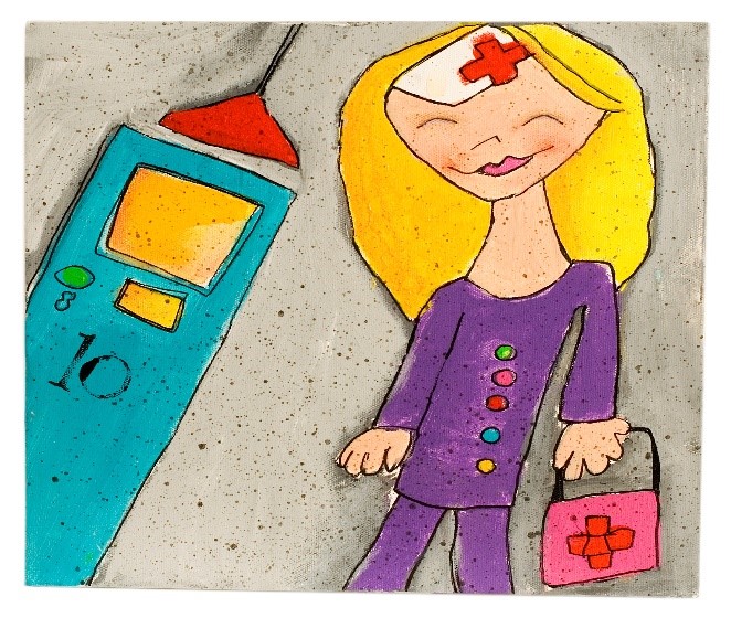 Tegning av sykehus og sykepleier. Tegning.