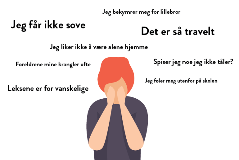 En tegnet person står med hendene foran ansiktet. Tankene i hodet flyter rundt: jeg får ikke sove, det er så travelt,