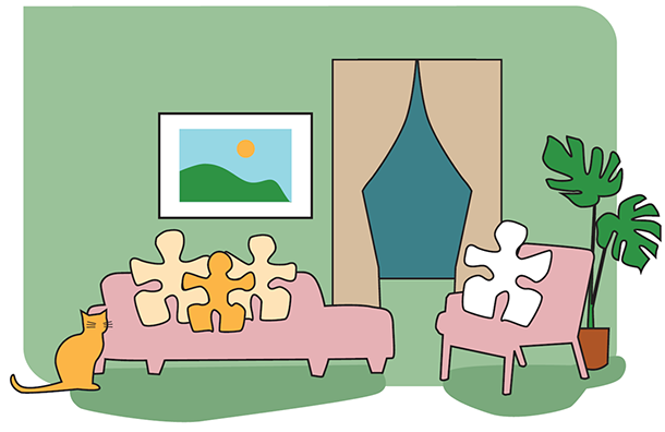 Illustrasjon av tre personer i en sofa med en katt, og en person i en stol