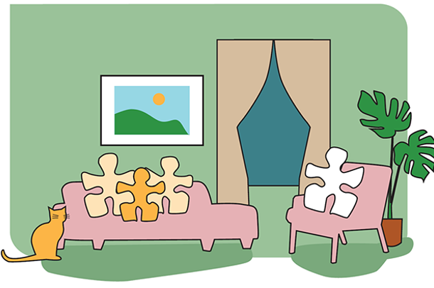 Illustrasjon av tre personer i en sofa med en katt, og en person i en stol