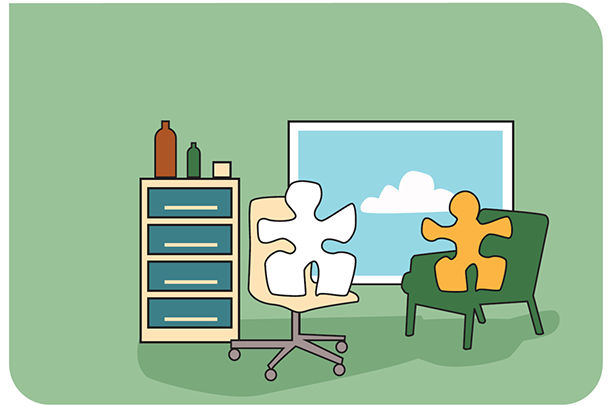 Illustrasjon av 2 personer som sitter i stoler foran et vindu