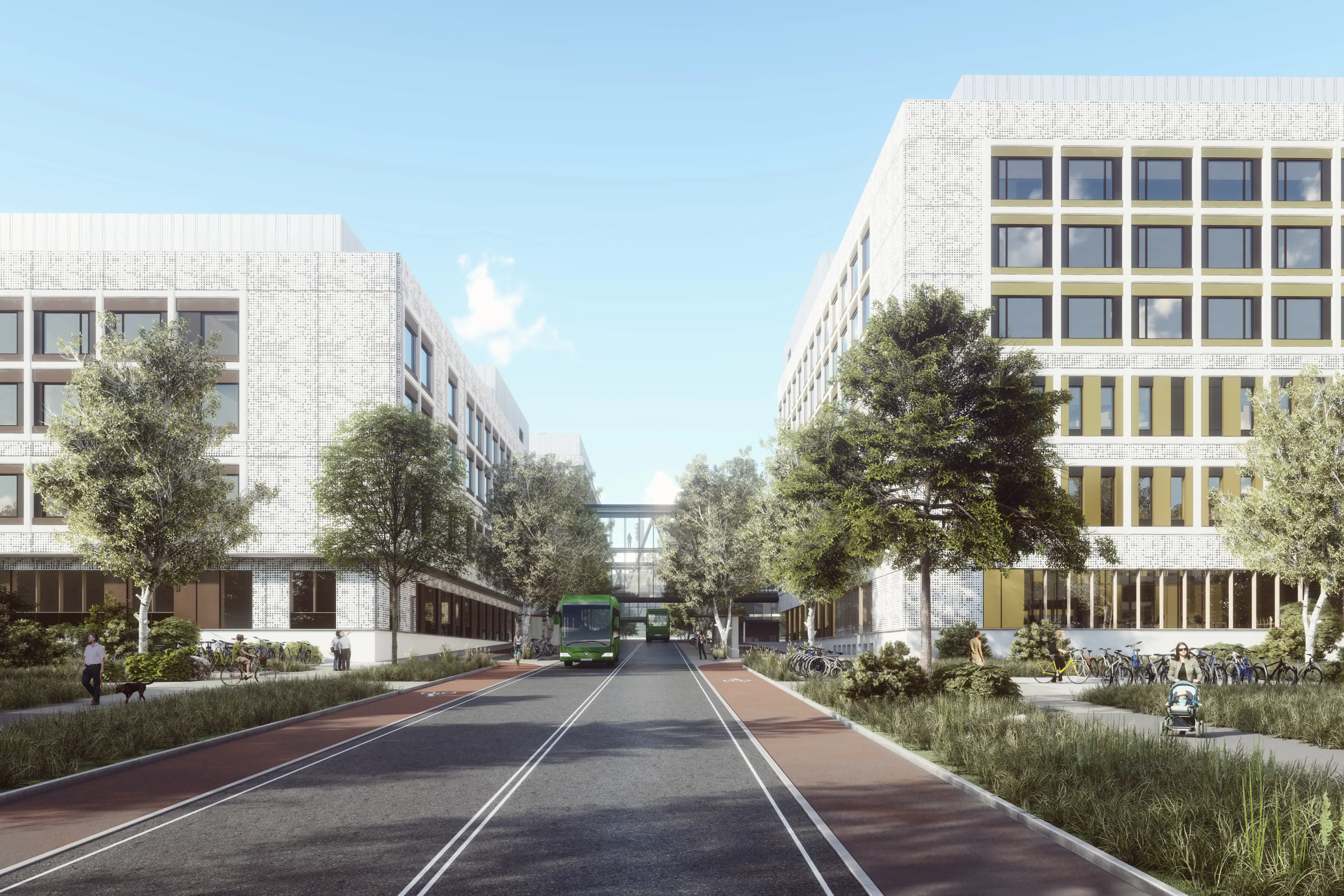 To sykehusbygg med en kollektivakse mellom. Illustrasjon.