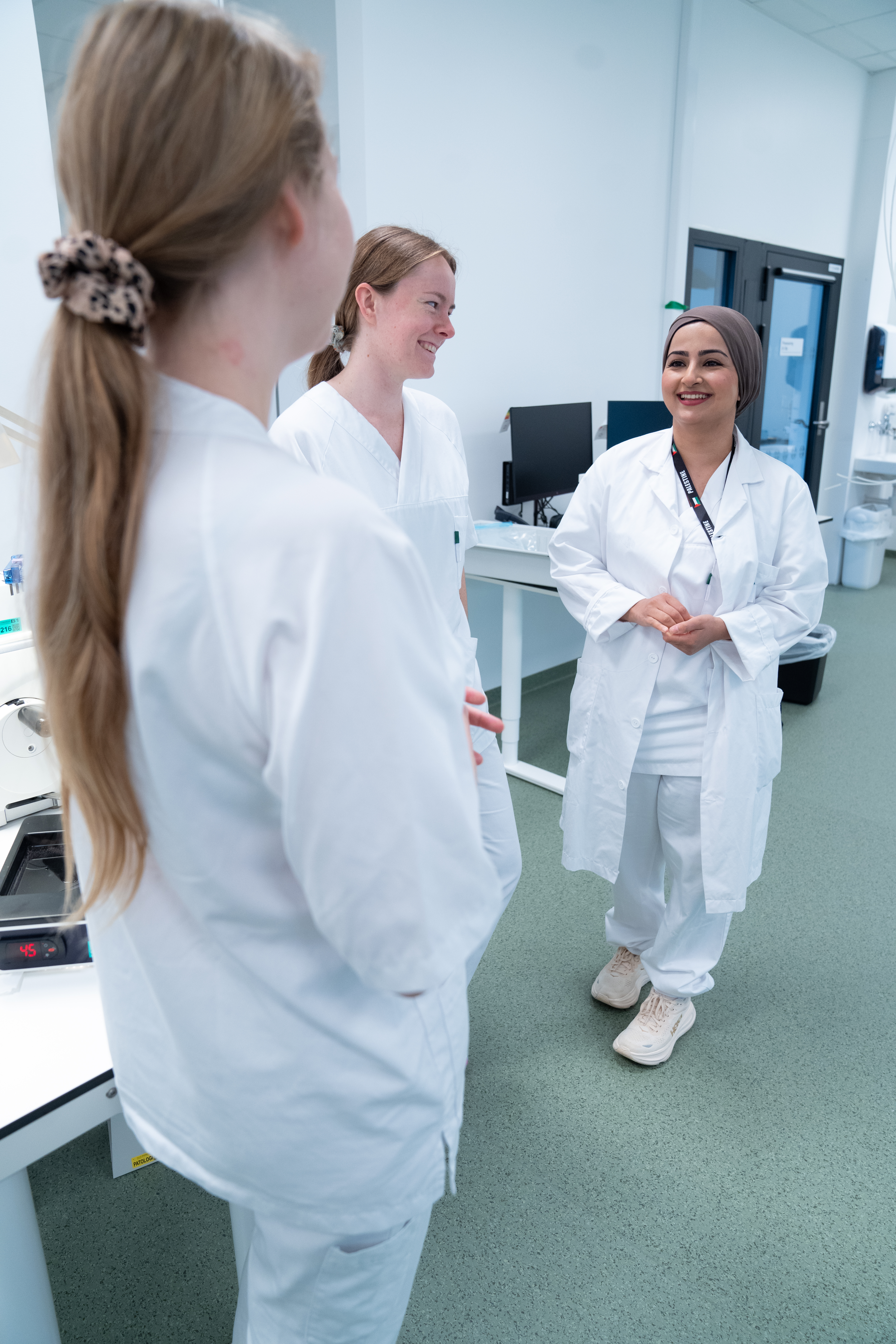 Tre kvinner snakker sammen.