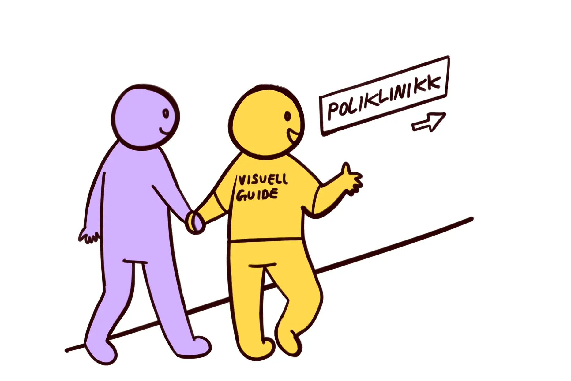 Tegning av person som opplever trygghet og mestring ved hjelp av visuelle guider. Dette er illustrert ved at pasienten går sammen med en figur som representerer de visuelle guidene.