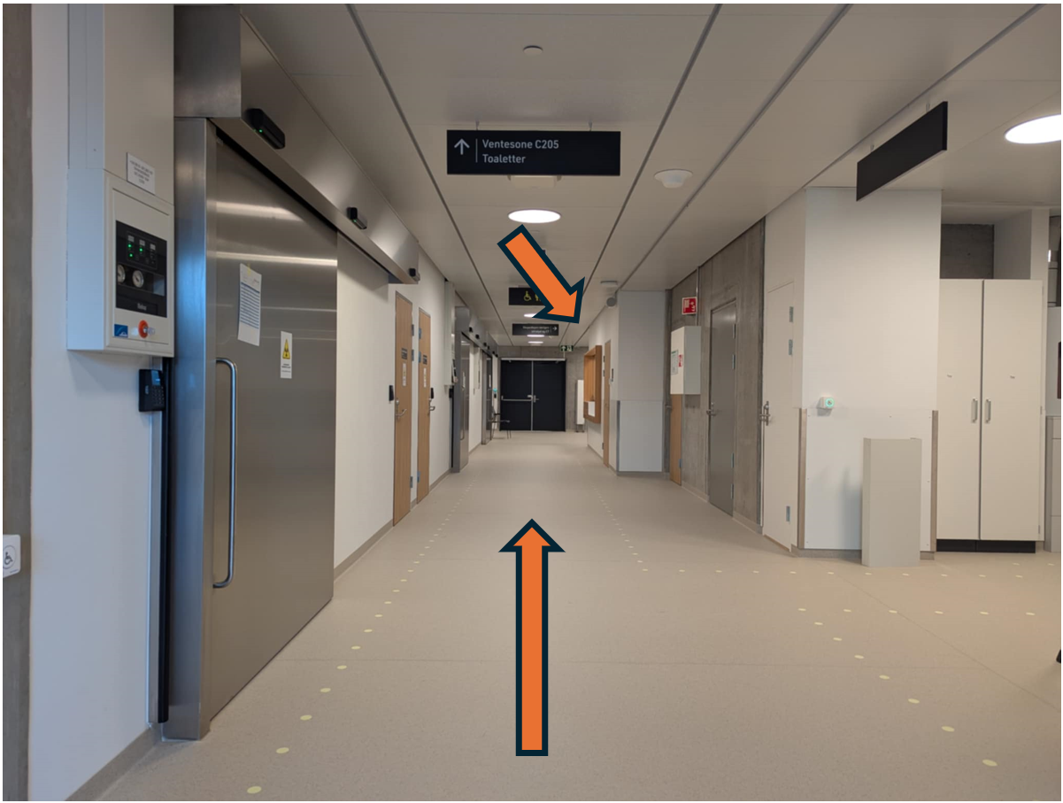 En lang gang med dører